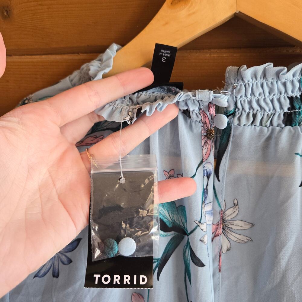 Torrid Chiffon Mini Dress Floral Blue NWT 3X Smocked Cottagecore Prairie Boho - Picture 3 of 5